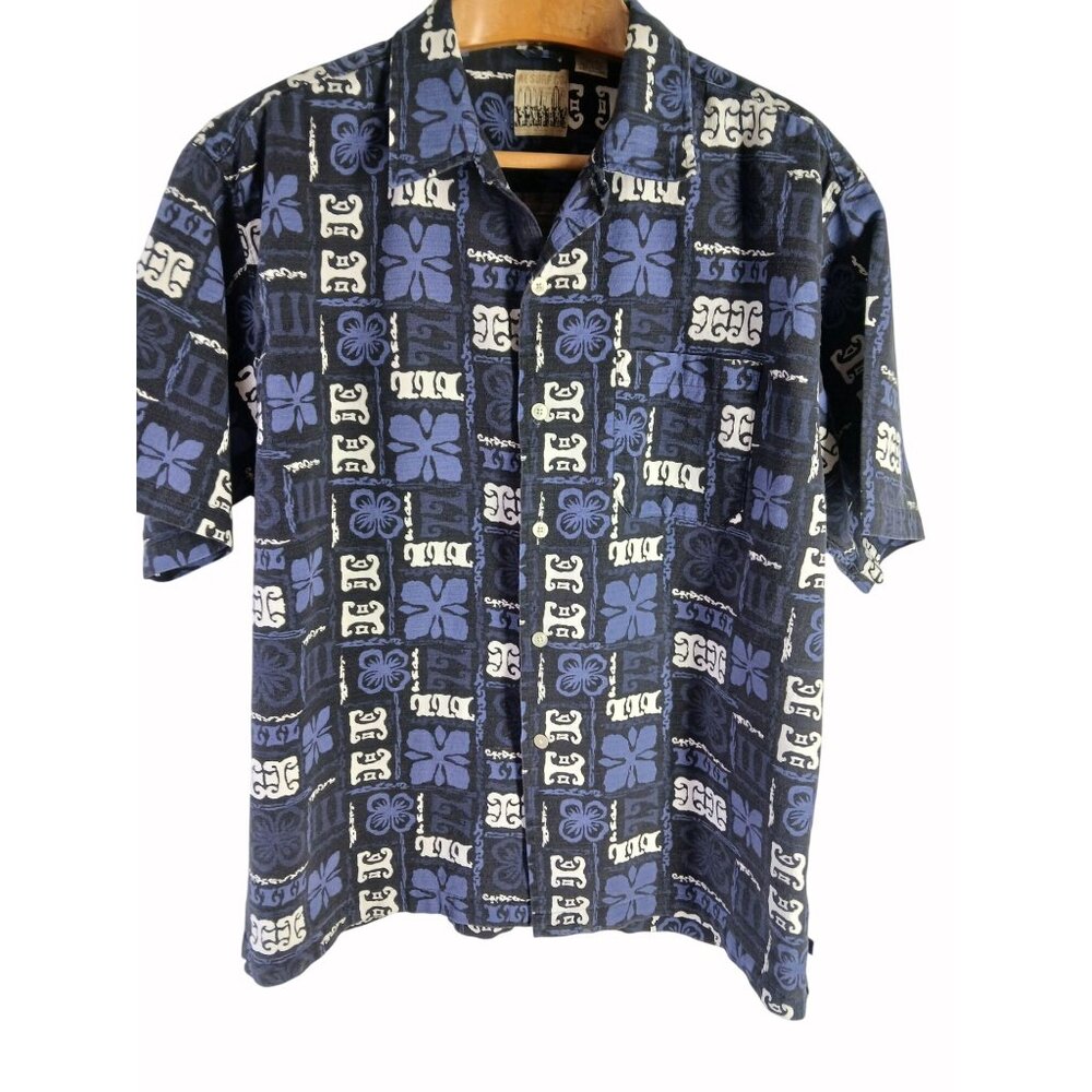 AE Surf Co Block Blue White Hawaiian Print Button Up Shirt Mens Size L Cotton